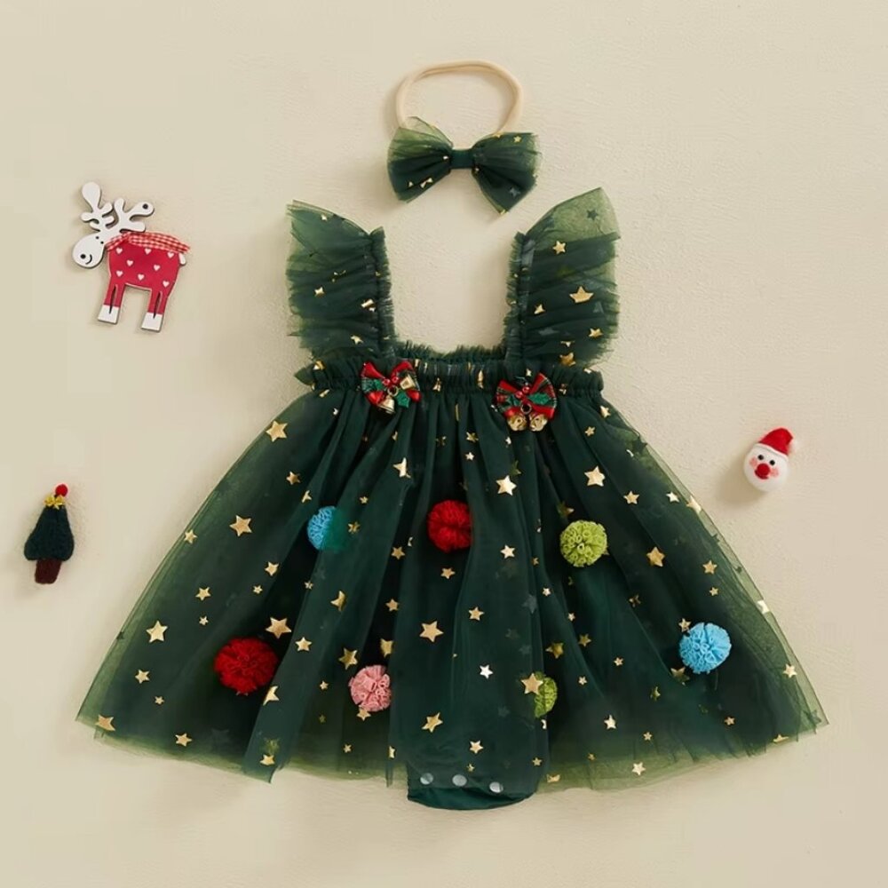 Christmas Tree Baby Girls Ruffle Tulle Romper Jumpsuit Dress